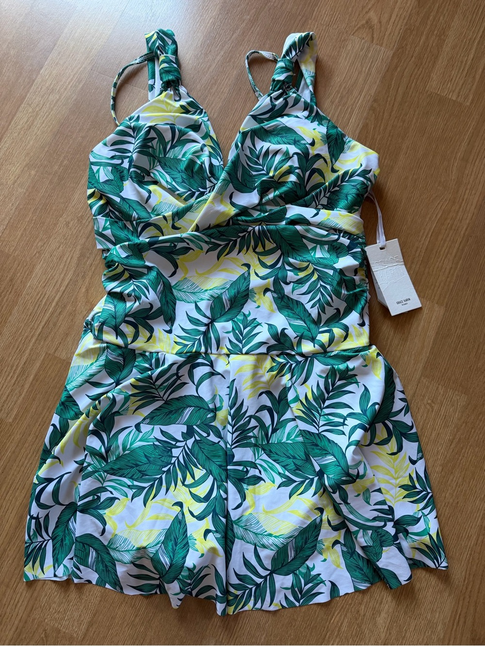 GRACE KARIN Women 1 Piece Swim Dress Tummy Control Swimsuit Green Floral Large
